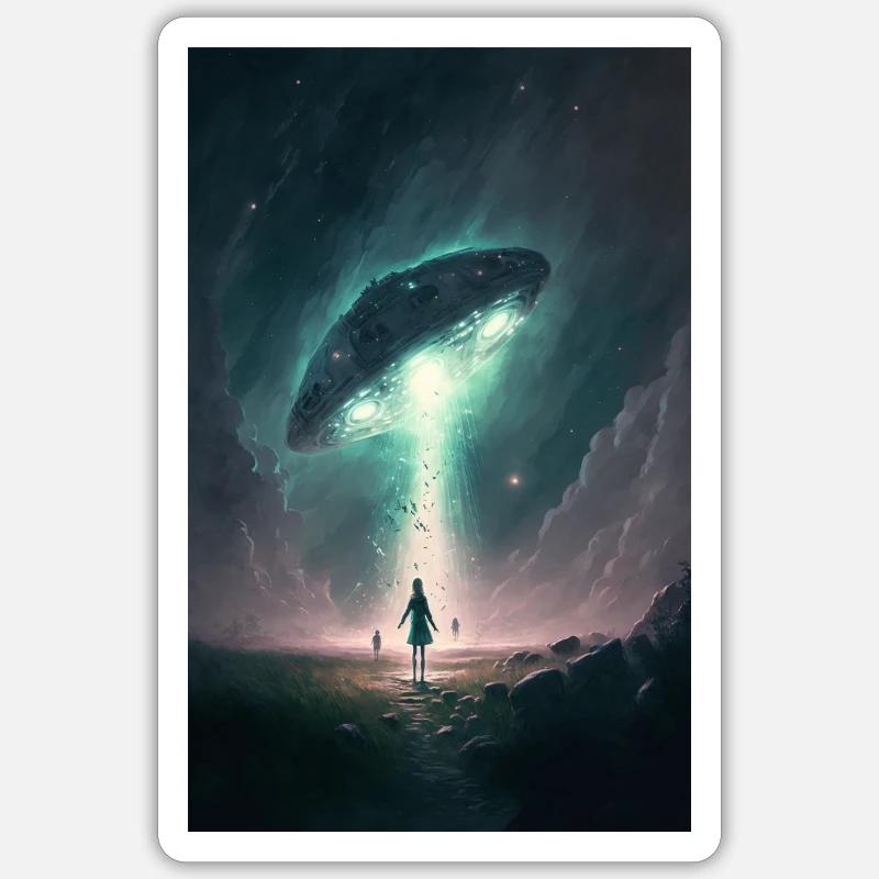 Scène d'abduction Extra-terrestre. - Sticker taille S (10 x 10 cm) - blanc mat