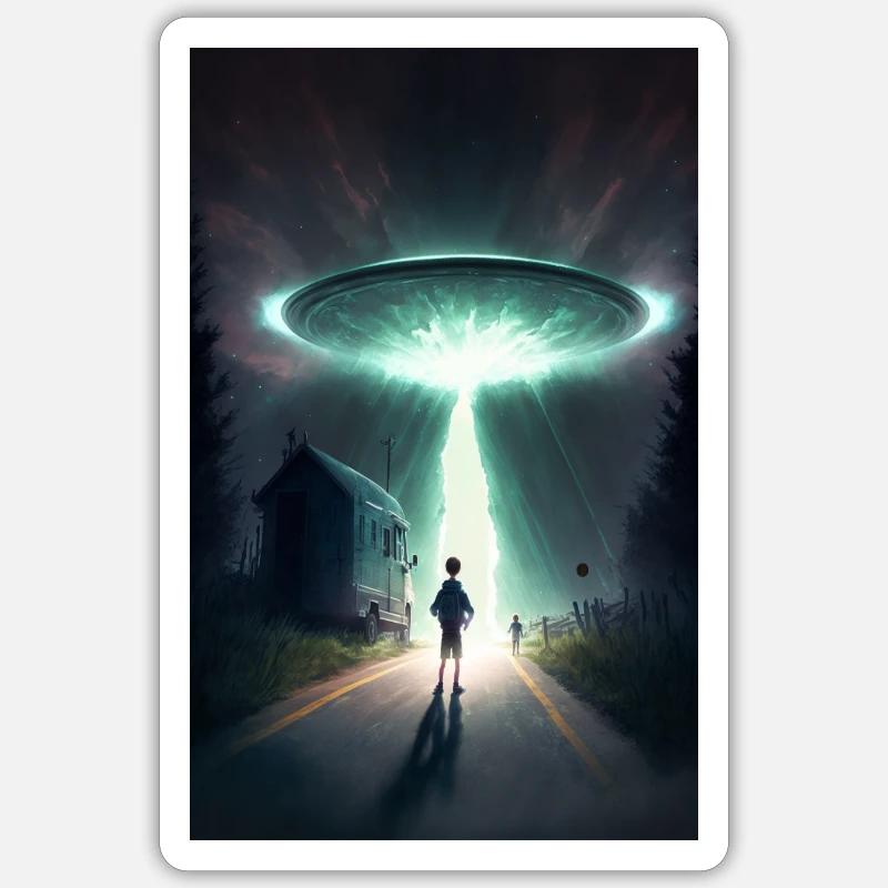 Scène d'abduction Extra-terrestre. - Sticker taille S (10 x 10 cm) - blanc mat