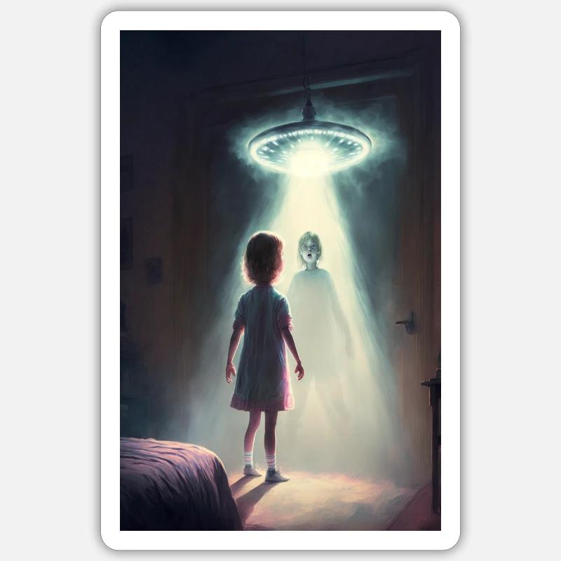 Scène d'abduction Extra-terrestre. Sticker taille S (10 x 10 cm)
