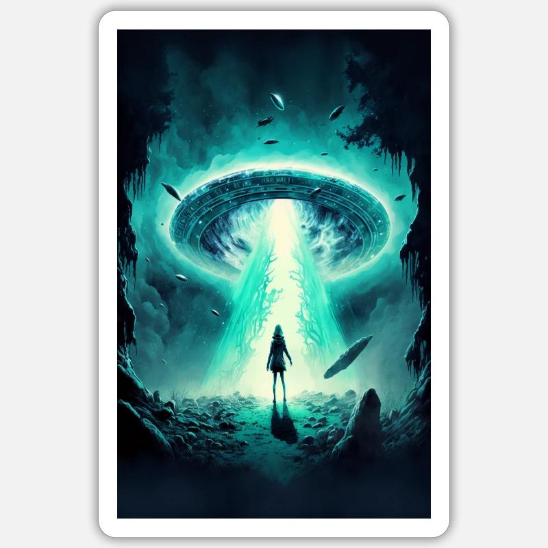 Scène d'abduction Extra-terrestre. - Sticker taille S (10 x 10 cm) - blanc mat