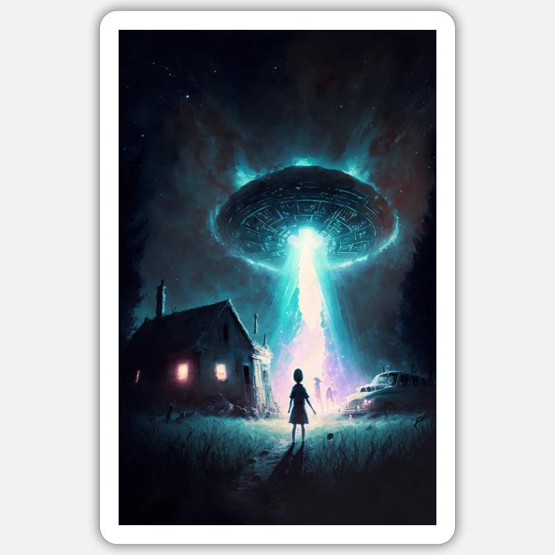 Scène d'abduction Extra-terrestre. Sticker taille S (10 x 10 cm)