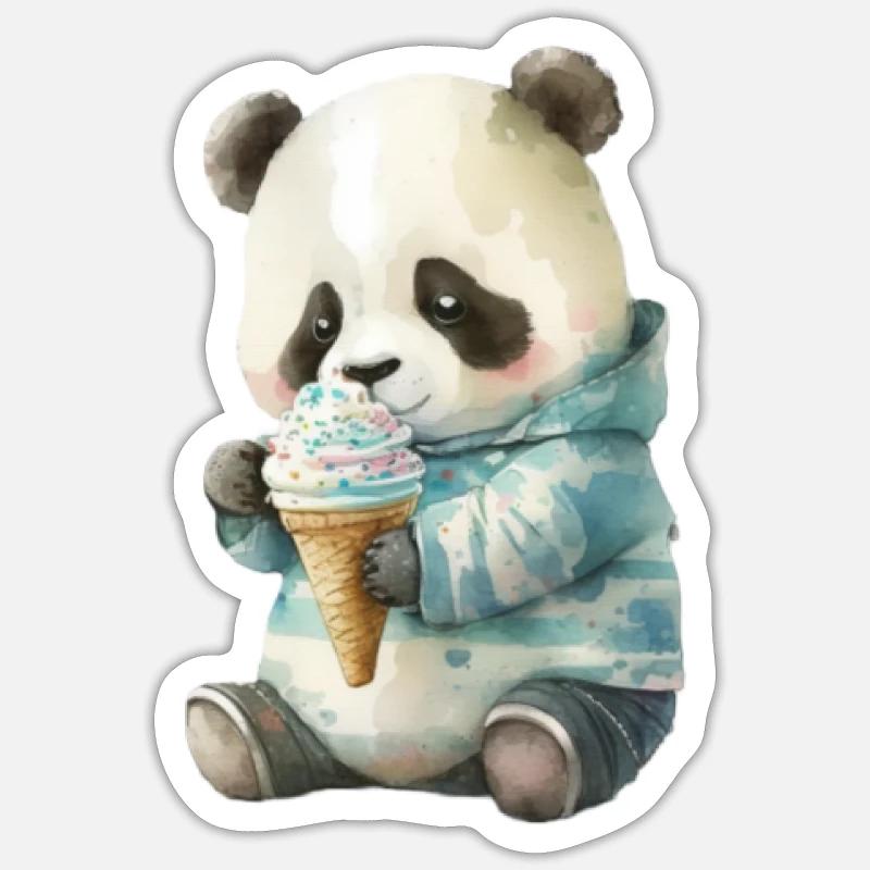 Panda - manger de la crème glacée - Sticker taille S (10 x 10 cm) - blanc mat