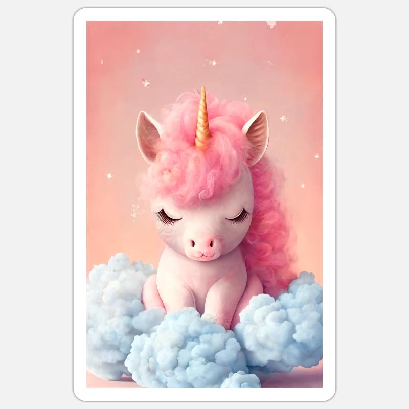 adorable bébé licorne endormi sur un nuage - Sticker taille S (10 x 10 cm) - blanc mat