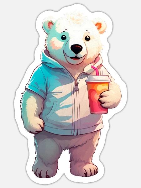 Baby Polarbär mit Milchshake - Sticker Größe S (10 x 10 cm) - Mattweiß