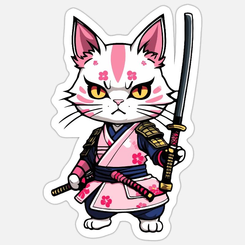 Samurai Katze & Kirschblüten #8 - Sticker Größe S (10 x 10 cm) - Mattweiß