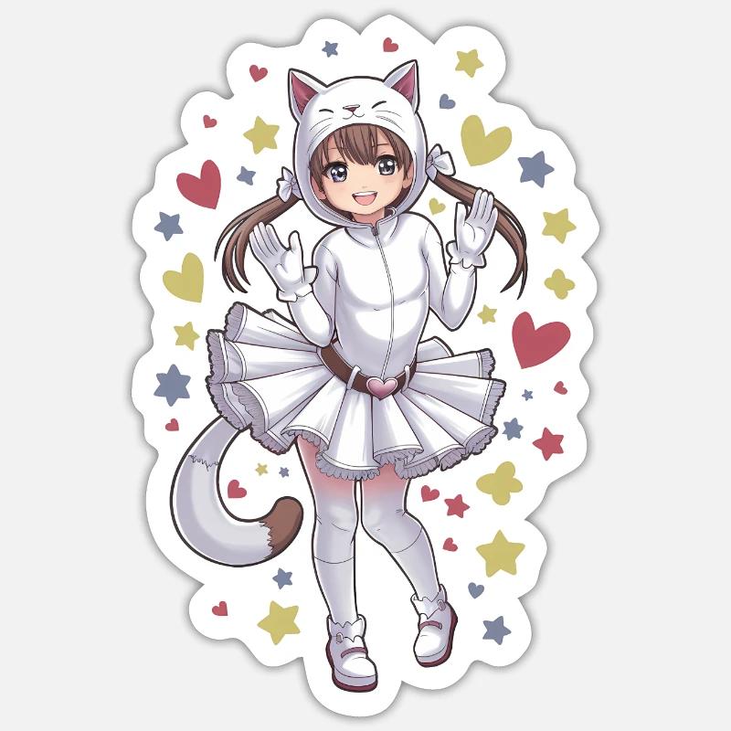 Fille d’anime dans un costume de chat - Sticker taille S (10 x 10 cm) - blanc mat