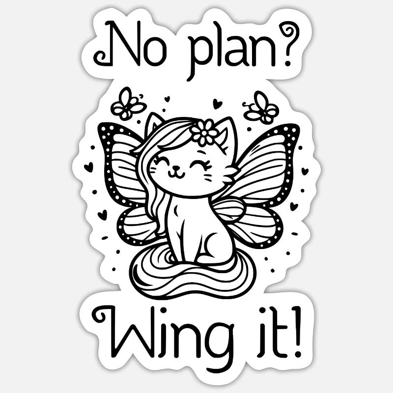 Pas de plan ? Envolez-le ! Chat ailé (noir) Sticker taille S (10 x 10 cm)