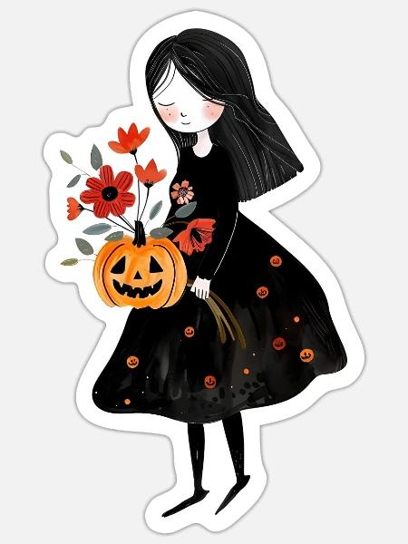 Cute Halloween Girl with Flowers and Pumpkin - Sticker Größe S (10 x 10 cm) - Mattweiß