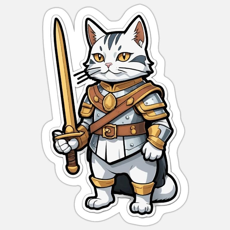 Katze Ritter Comic - Sticker Größe S (10 x 10 cm) - Mattweiß