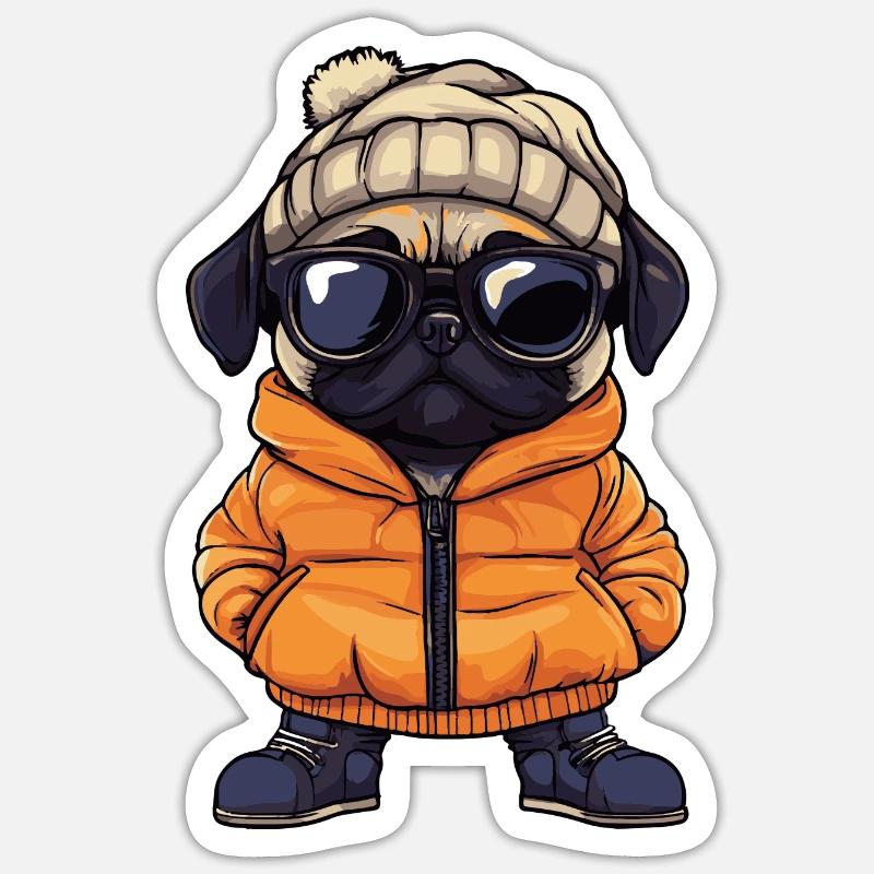 Pug Dog Winter Comic - Sticker size S (10 x 10 cm) - white matte