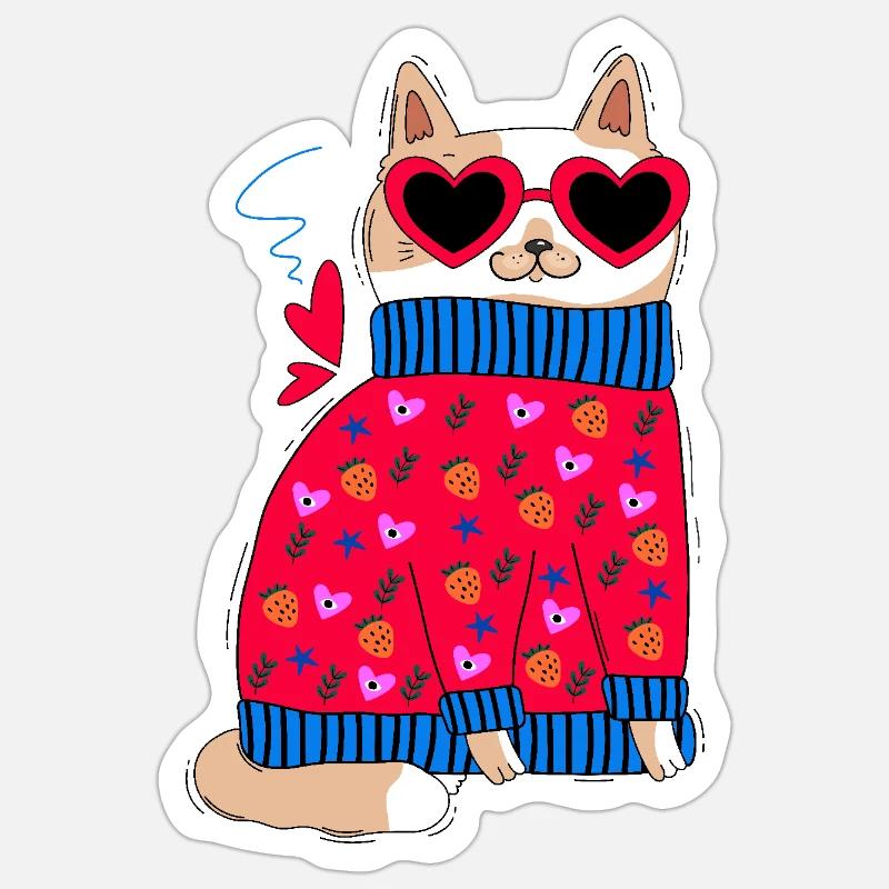 Chat et cœurs Sticker taille S (10 x 10 cm)