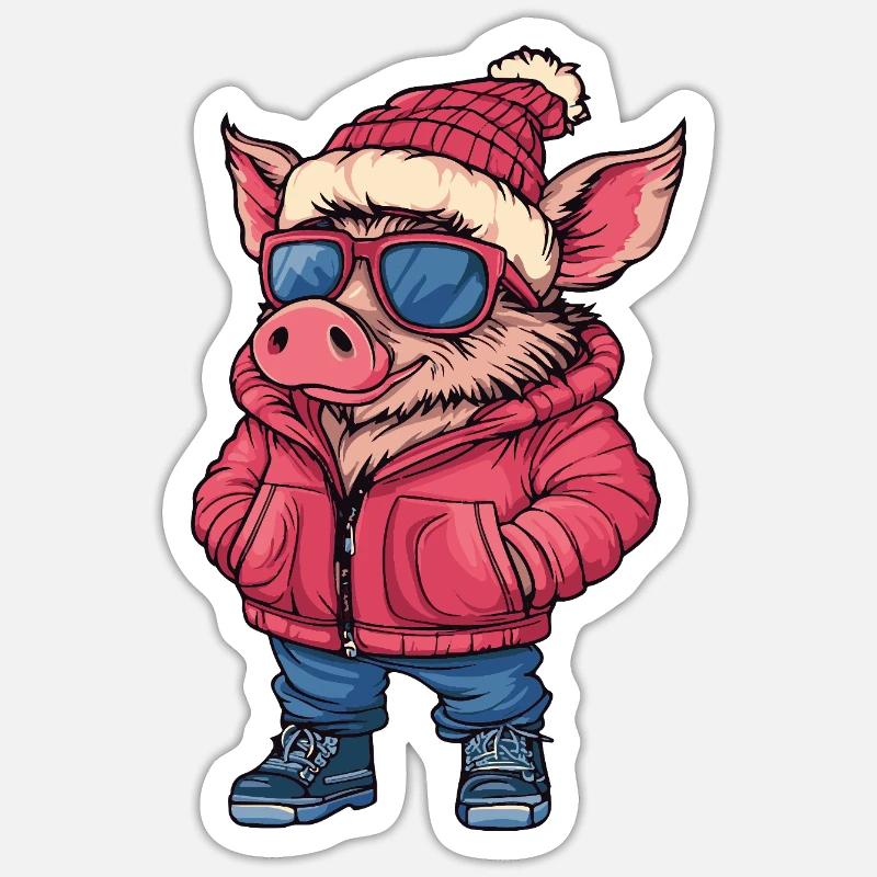 Cochon Cool Comic Sanglier - Sticker taille S (10 x 10 cm) - blanc mat