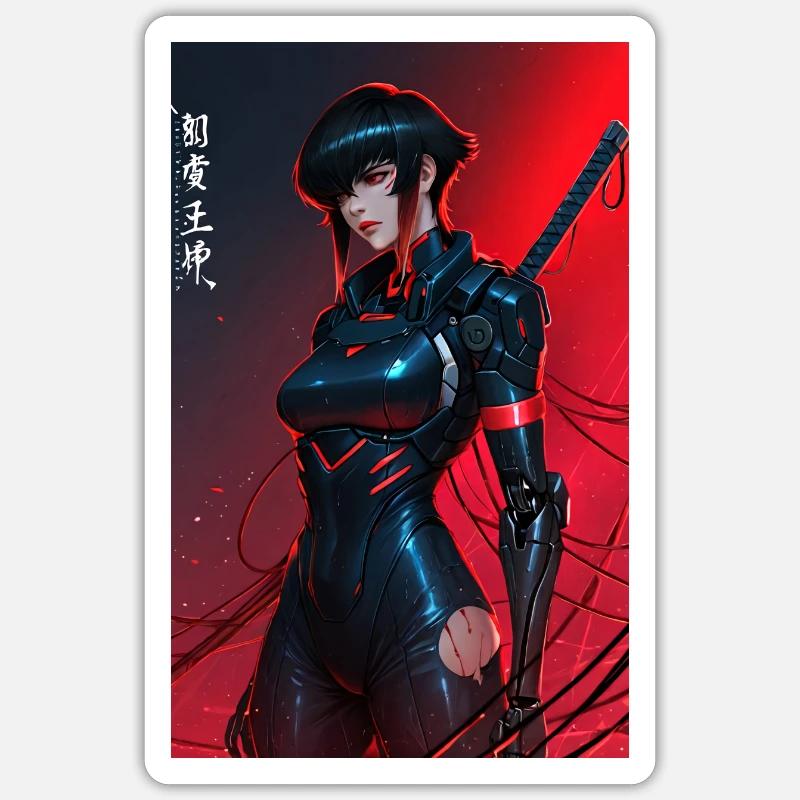 Samouraï cyberpunk câblé rouge avec Katana - Sticker taille S (10 x 10 cm) - blanc mat