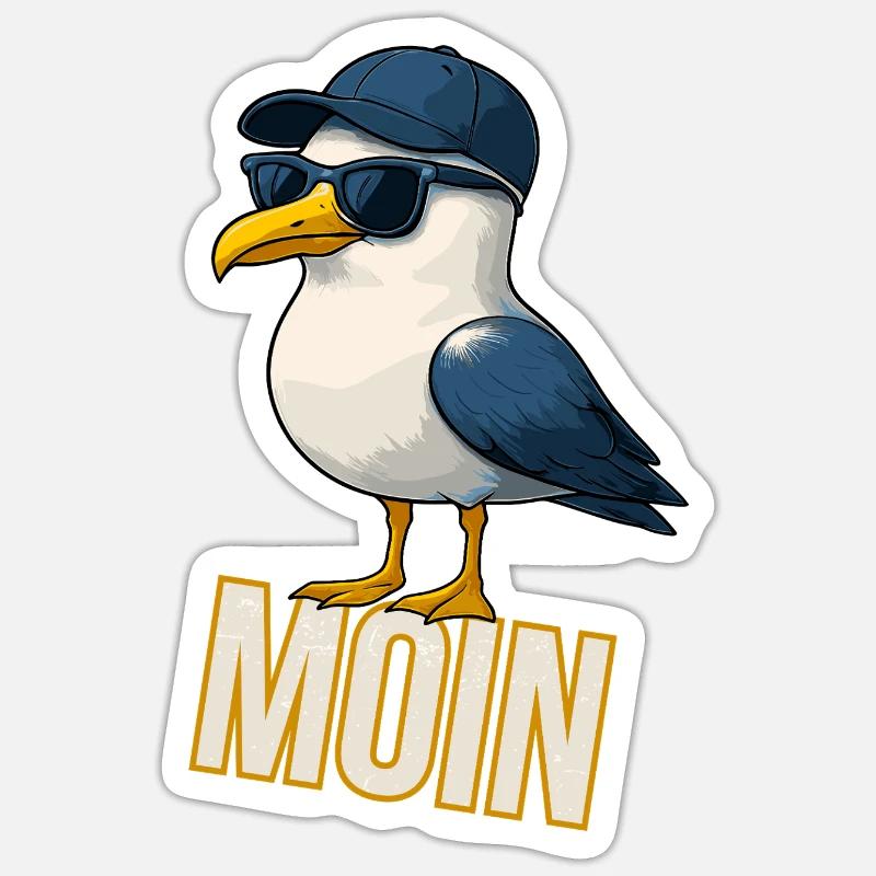Coole Möwe mit Cap & Sonnenbrille - Moin Design - Sticker Größe S (10 x 10 cm) - Mattweiß
