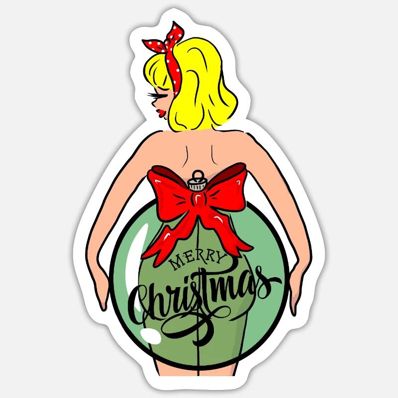 Frau mit Weihnachtskugel und roter Schleife - Sticker Größe S (10 x 10 cm) - Mattweiß