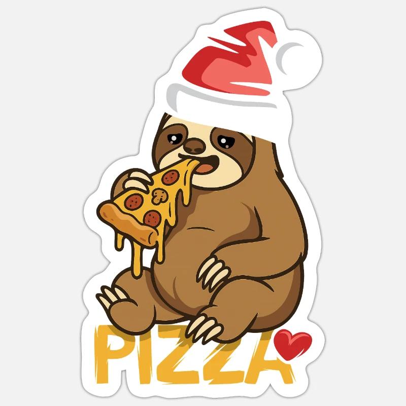 paresseux mangeant pizza Noël design - Sticker taille S (10 x 10 cm) - blanc mat