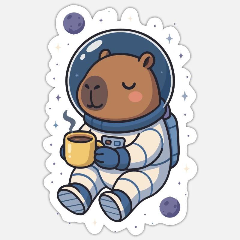 Capybara Astronaut – Kaffee im All ☕🪐 - Sticker Größe S (10 x 10 cm) - Mattweiß