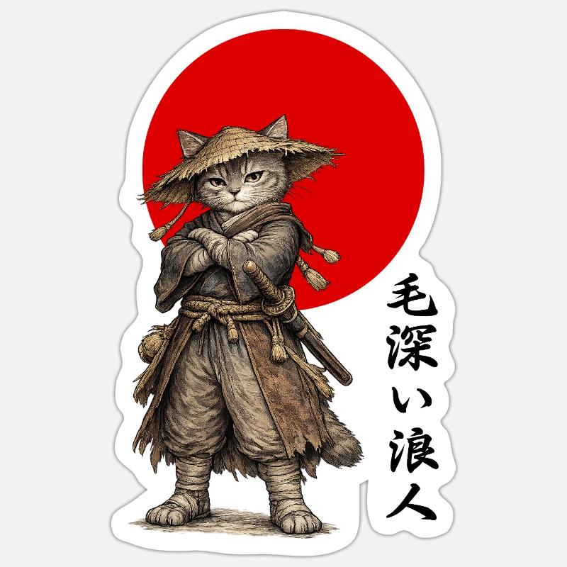 Cat Ronin Samurai Under Red Sun - Sticker size S (10 x 10 cm) - white matte