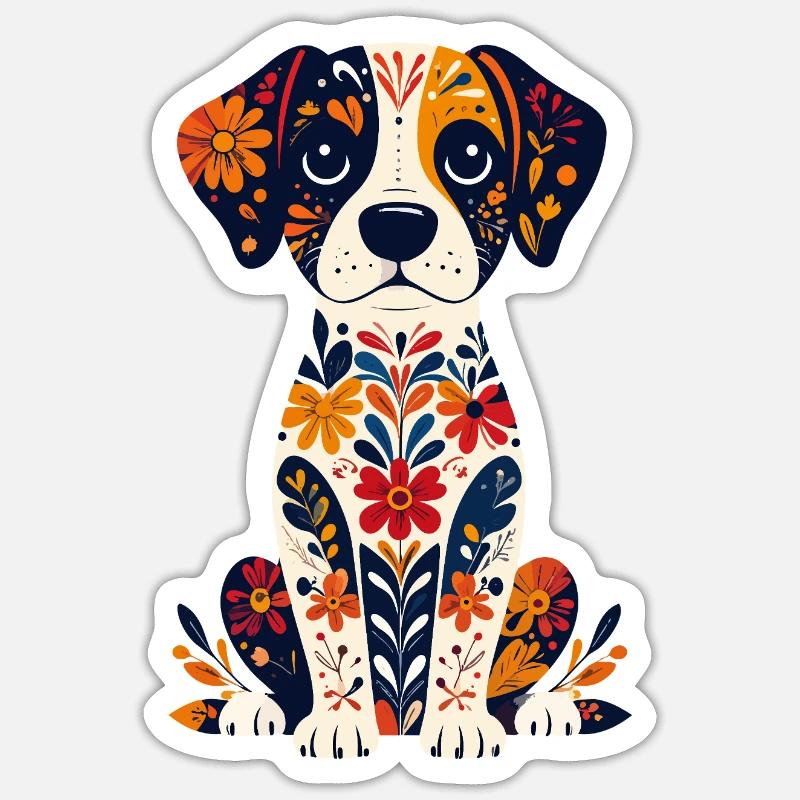 Chien fleur Petit Chien mignon Design Sticker taille S (10 x 10 cm)