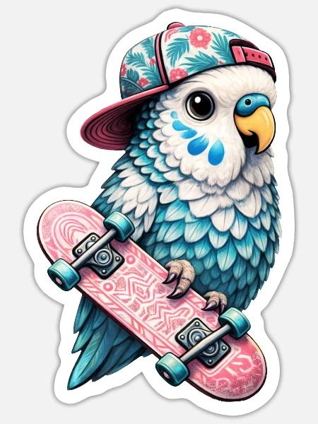 Cooler Skateboard-Vogel mit Cap – Streetstyle Desi - Sticker Größe S (10 x 10 cm) - Mattweiß
