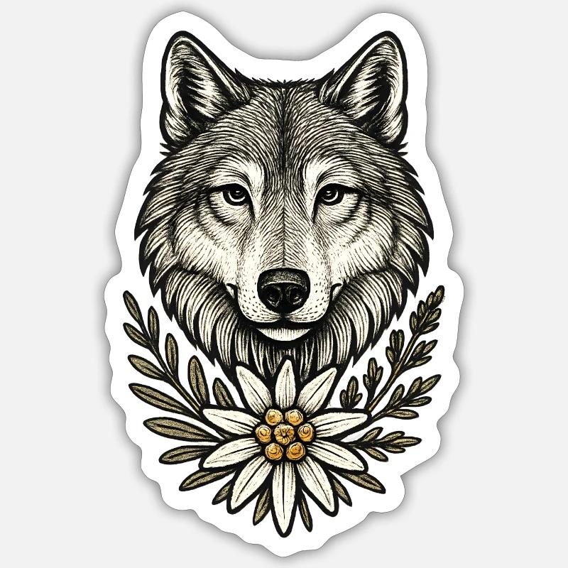 Wolfkopf mit Blumenkranz - Sticker Größe S (10 x 10 cm) - Mattweiß