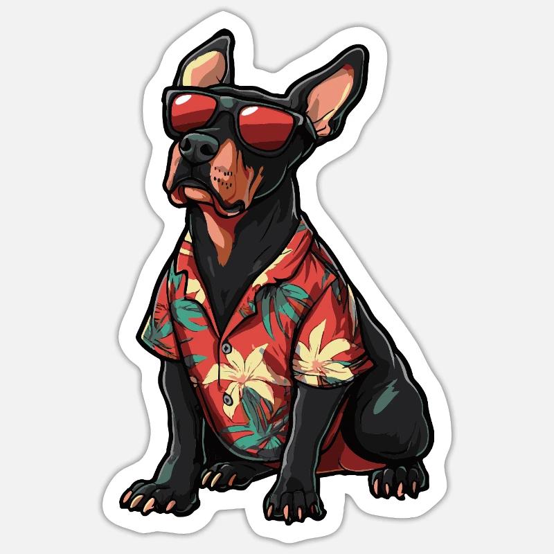 Dobermann Hund Comic Urlaub - Sticker Größe S (10 x 10 cm) - Mattweiß