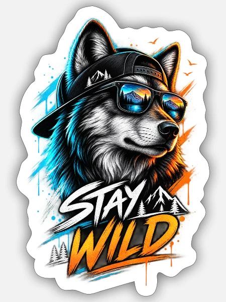 Stay Wild Wolf mit Sonnenbrille - Sticker Größe S (10 x 10 cm) - Mattweiß