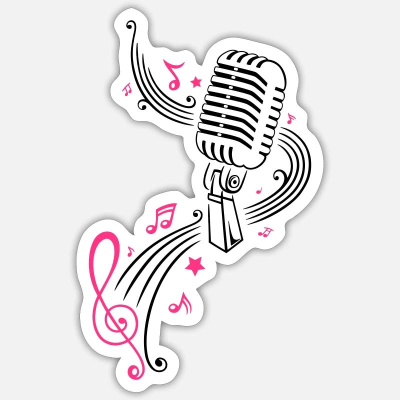 Retro microphone with music notes and clef. - Sticker size S (10 x 10 cm) - white matte