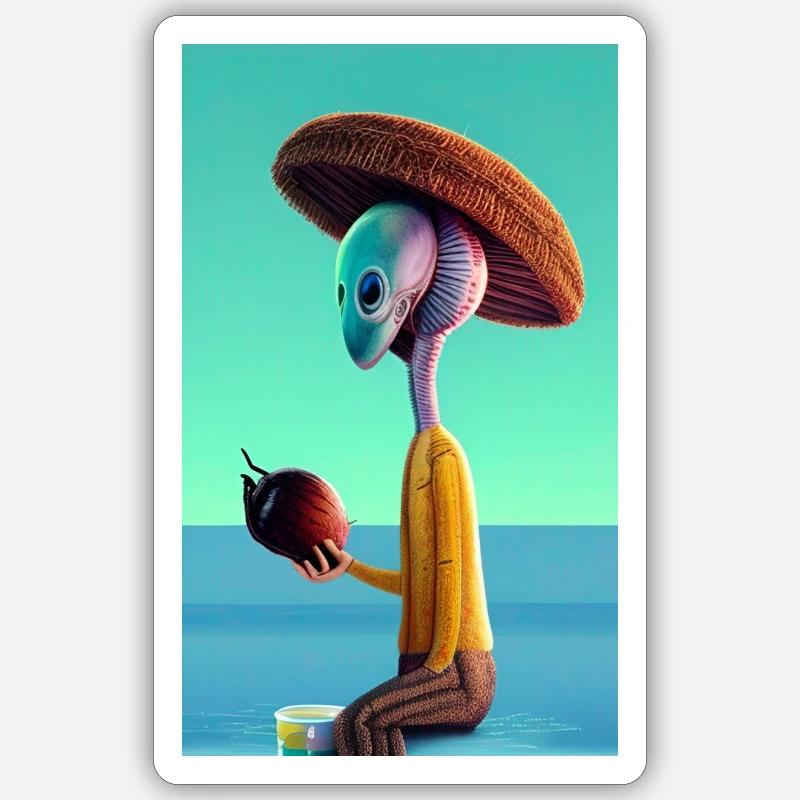 Crazy Comic Alien an einem Strand mit einer Weltraumkokosnuss Sticker Größe S (10 x 10 cm)