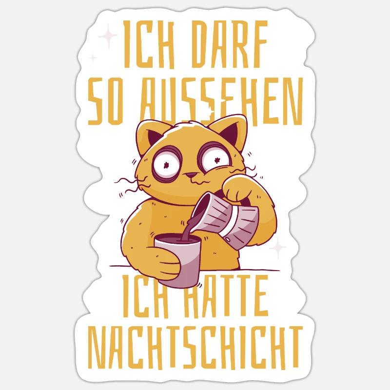 Nachtschicht Katze Kaffee - Sticker Größe S (10 x 10 cm) - Mattweiß