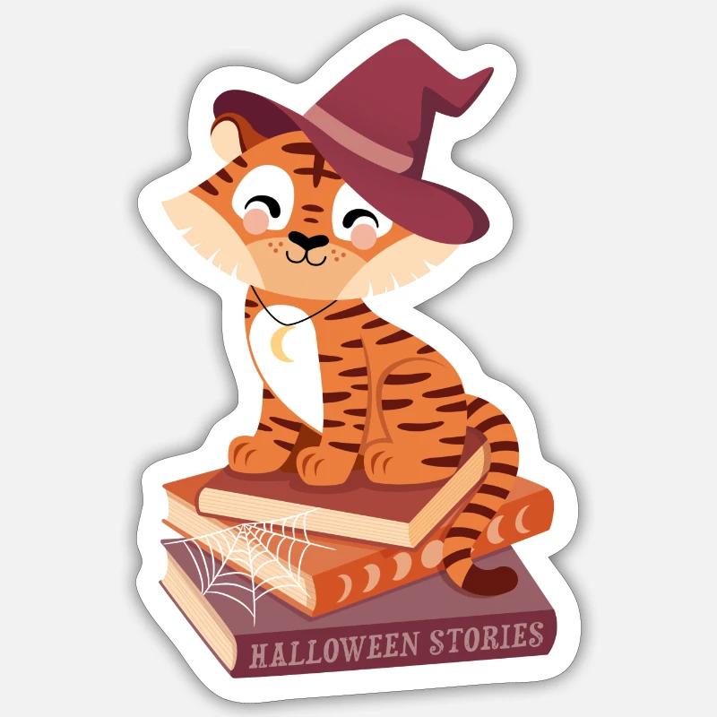 Tiger on Halloween Book Stack - Sticker size S (10 x 10 cm) - white matte