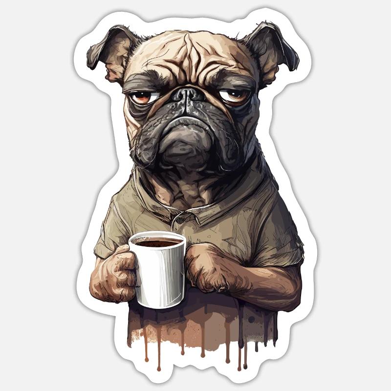Grumpy dog pug moody coffee sarcasm Sticker size S (10 x 10 cm)