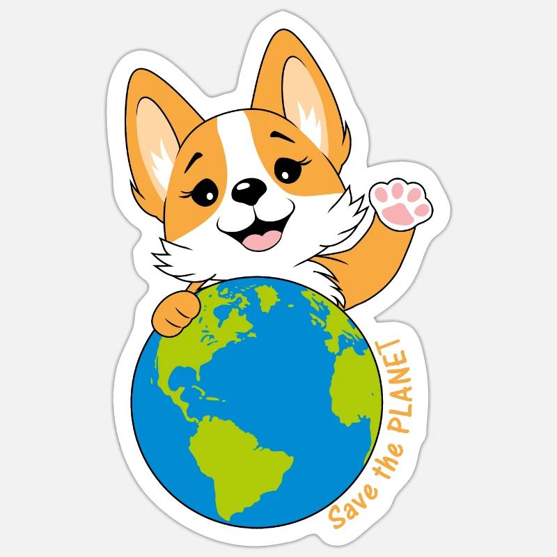 Corgi with a globe Sticker size S (10 x 10 cm)