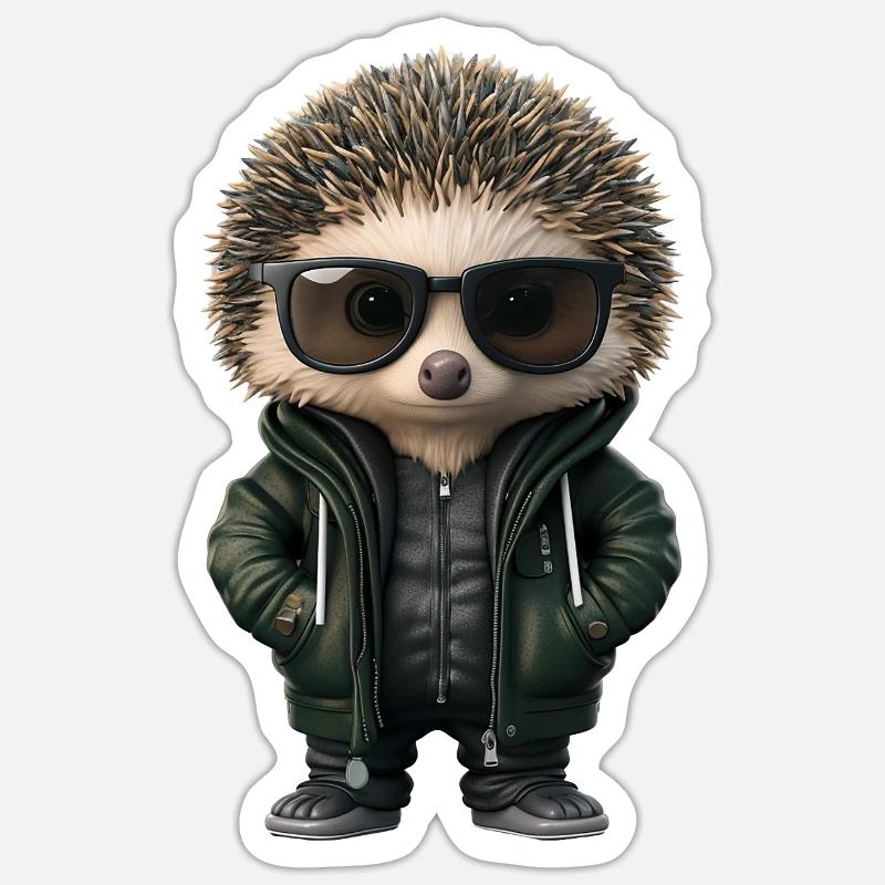 Hérisson cool avec lunettes de soleil et veste à capuche - Sticker taille S (10 x 10 cm) - blanc mat