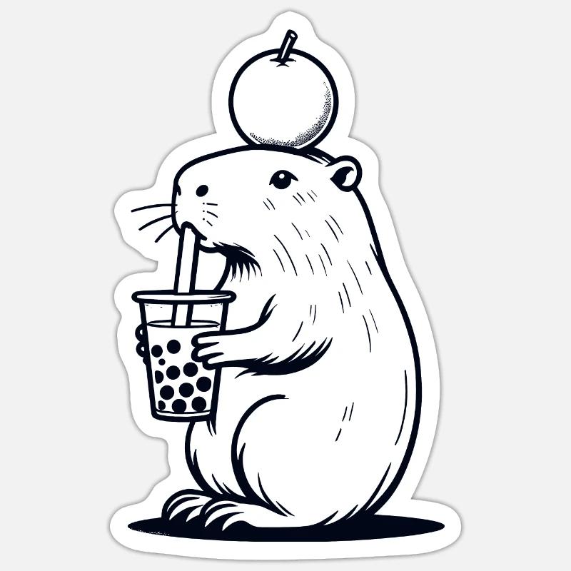 Bubble Tea Capybara mit Orange auf dem Kopf - Sticker Größe S (10 x 10 cm) - Mattweiß