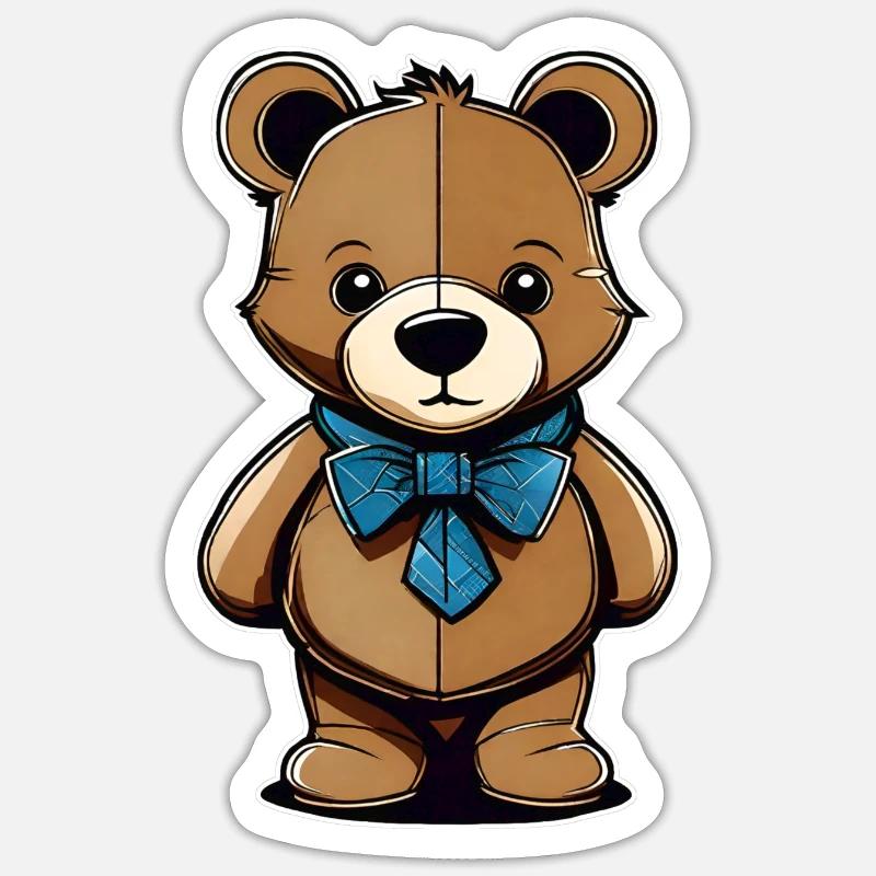 Cooler Teddy Bär mit blauer Schleife - Sticker Größe S (10 x 10 cm) - Mattweiß