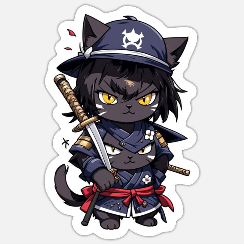 chat ninja - chaton samourai - Sticker taille S (10 x 10 cm) - blanc mat