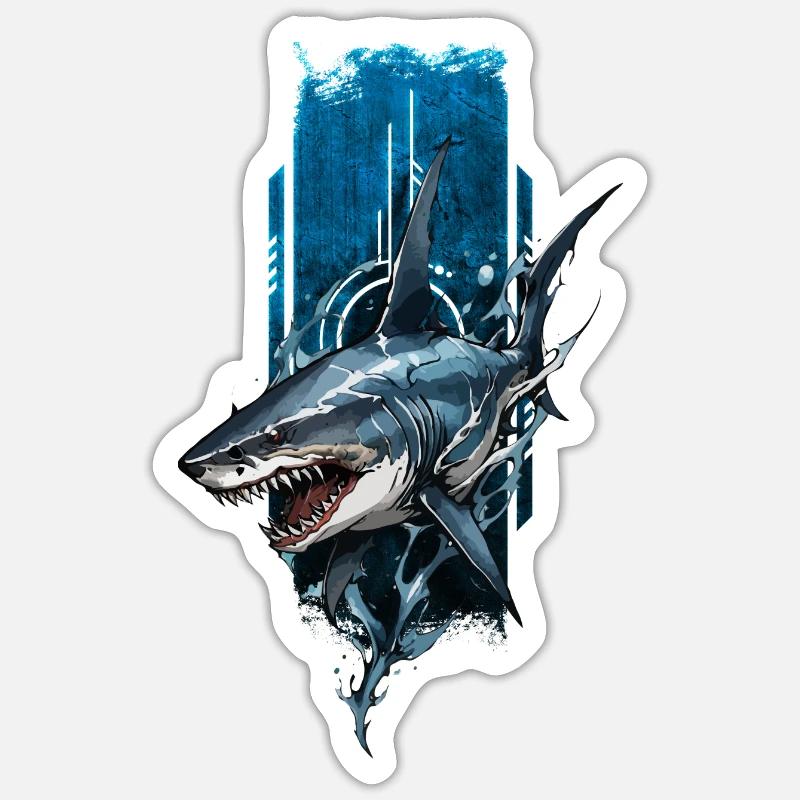 Conception de requin féroce : Prédateur bleu profond - Sticker taille S (10 x 10 cm) - blanc mat