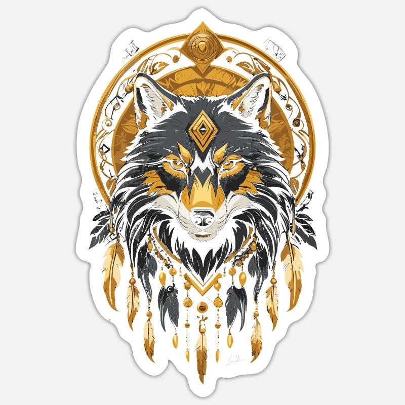 Loup indien or - Sticker taille S (10 x 10 cm) - blanc mat
