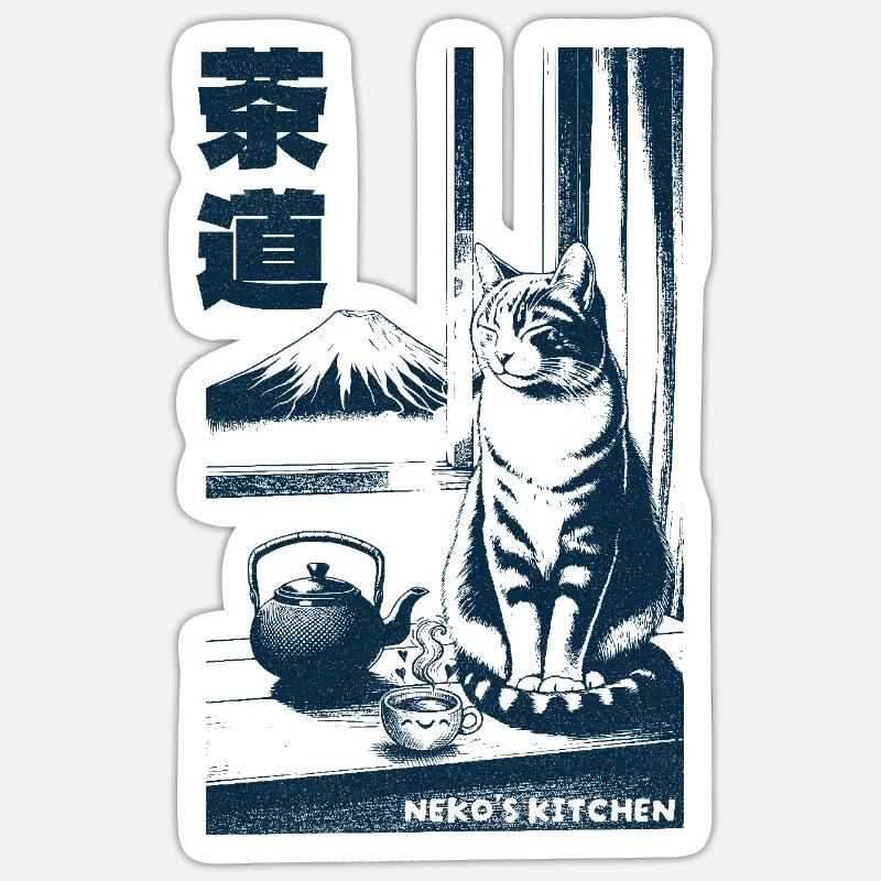 Cat with Tea Ceremony - Sticker Größe S (10 x 10 cm) - Mattweiß