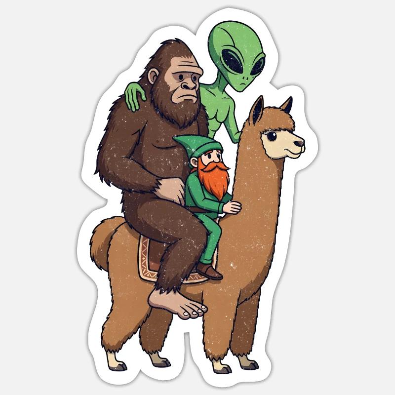 Sasquatch Elf Alien on Llama - Sticker size S (10 x 10 cm) - white matte