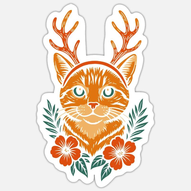 Cerf chat avec couronne de fleurs - Sticker taille S (10 x 10 cm) - blanc mat