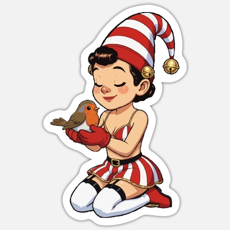 Gnom-Mädchen mit Rotkehlchen - Sticker Größe S (10 x 10 cm) - Mattweiß