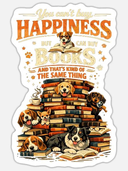 Book Stack & Dogs: You Can't Buy Happiness - Sticker Größe S (10 x 10 cm) - Mattweiß