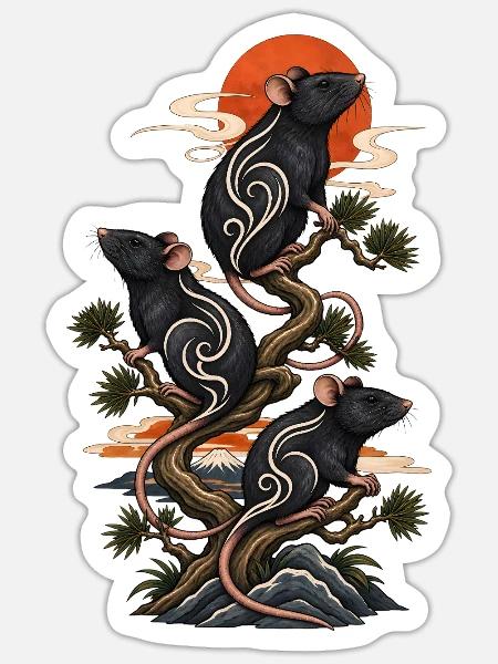 Japanische Ratten Bonsai Mystisch Natur Tattoo - Sticker Größe S (10 x 10 cm) - Mattweiß