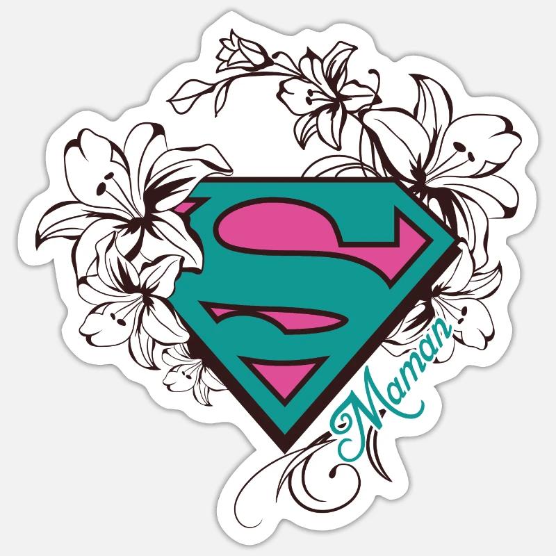 Superman Super Maman Fleurs Vert - Sticker taille S (10 x 10 cm) - blanc mat