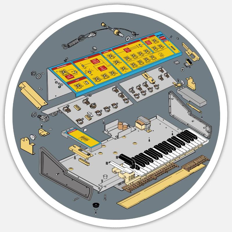 Analog synthesizer in exploded drawing - Sticker size S (10 x 10 cm) - white matte