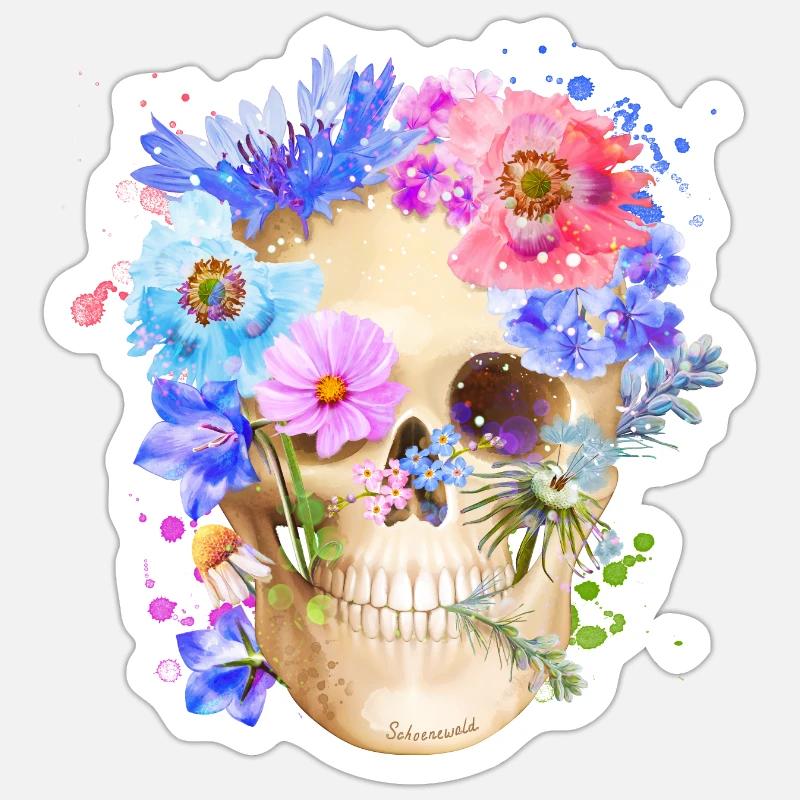 Farbenfroher Schädel mit Blumen Mohn - Sticker Größe S (10 x 10 cm) - Mattweiß