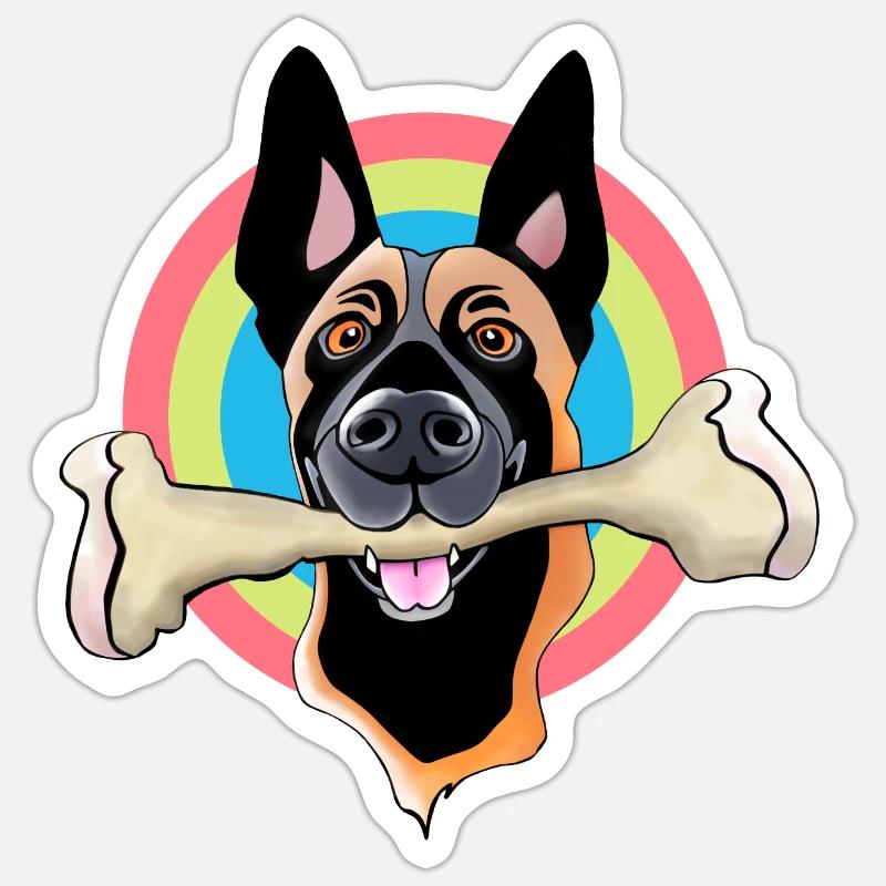 Malinois mit Knochen - Sticker Größe S (10 x 10 cm) - Mattweiß