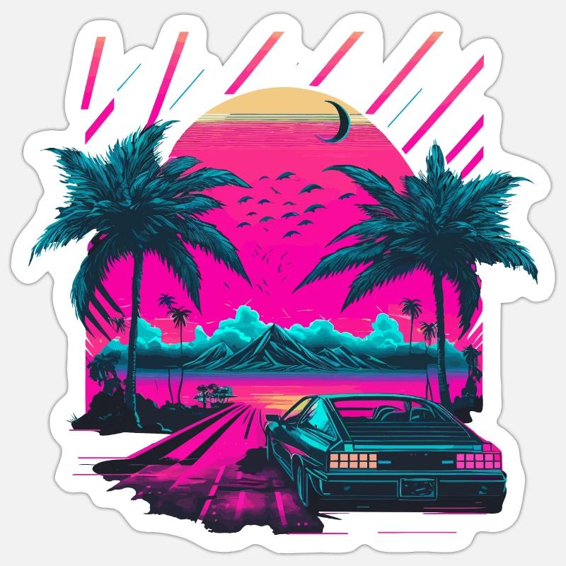Synthwave Palm Beach - Sticker taille S (10 x 10 cm) - blanc mat
